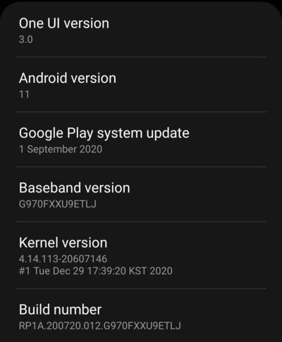 Samsung Galaxy S10 Exynos One UI 3.0 Android 11 Stable