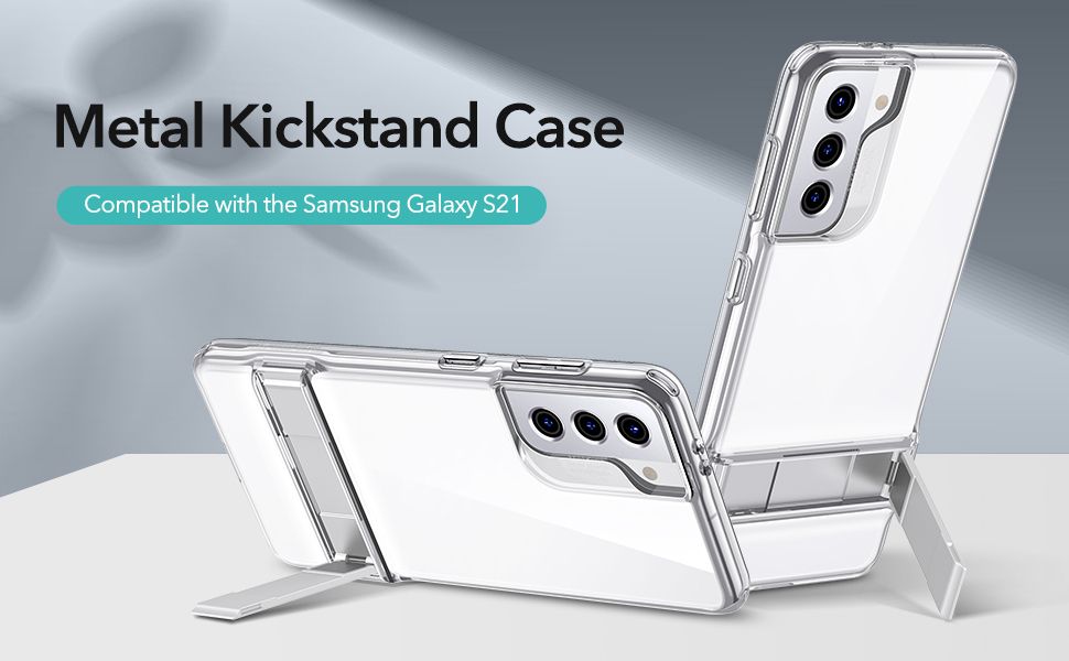 two ESR metal kickstand cases on white table against grey-ish background