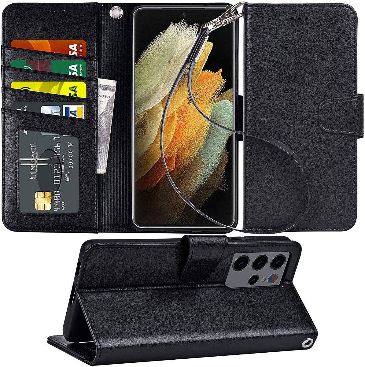 Want a wallet bag?  Arae Case has that for you.  You'll be able to store a number of cards in this tri-fold case, and it can even prop up your phone!  Just be sure to get a screen protector, so your cards don't scratch the screen!