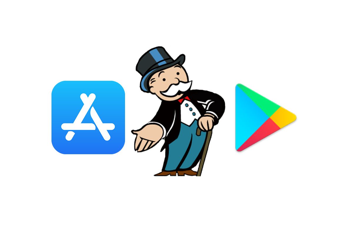 Apple App Store and Google Play Store Monopoly Man