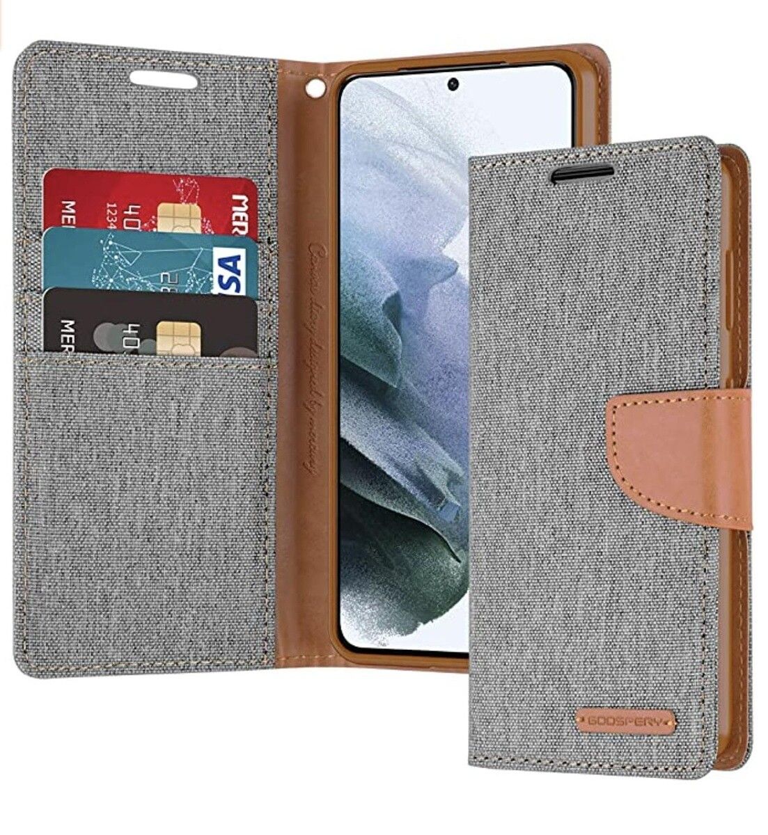 Made from canvas fabric and synthetic leather, the Goospbery Wallet Case looks stylish and offers 360-degree protection for the Galaxy S21. It has an inner TPU case, a stand function, an earpiece cutout, credit card slots, a cash pocket, and wireless charging support.