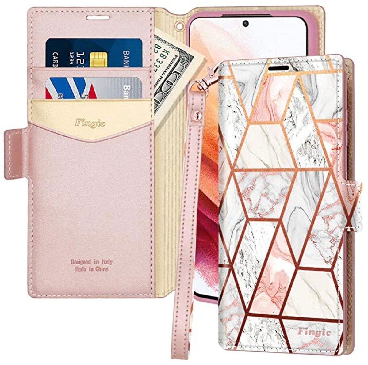 Boasting a stylish leather design and marble print, the Fingic wallet case provides a robust polycarbonate bumper, two card slots, a cash compartment, a flip stand, a magnetic closure, and a wrist strap.