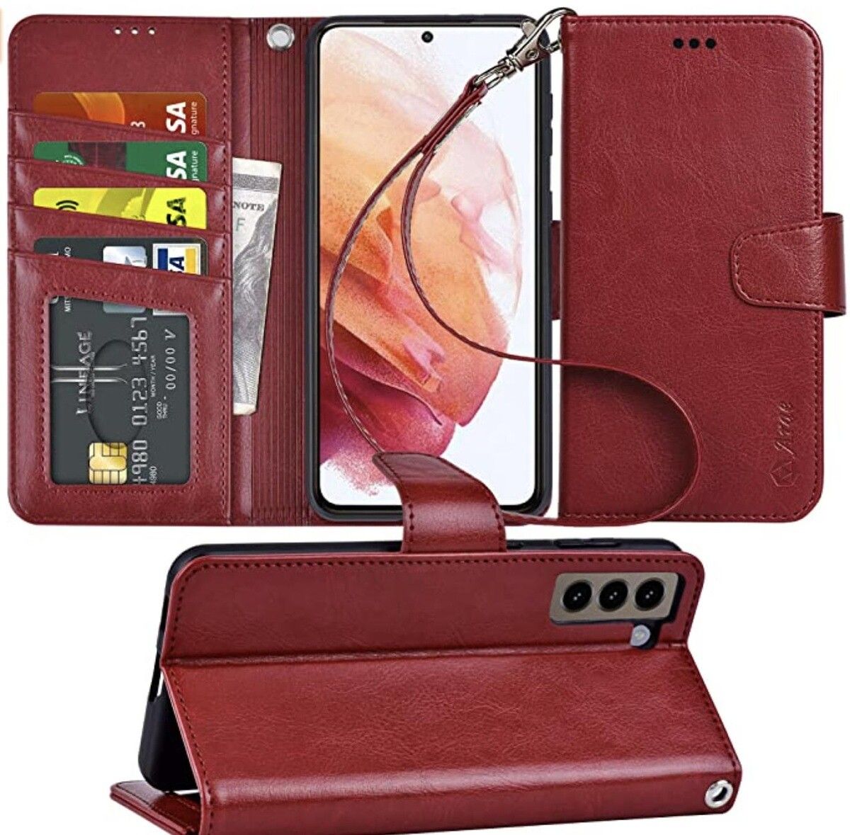 This wallet case, from Arae, sports a PU leather design, four card slots, a cash pocket, a stand function, precise cutouts, a TPU inner case, and a sleek design. You can buy it in black, rose gold, and wine red on Amazon.