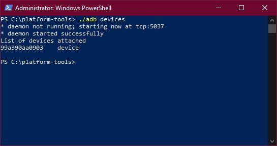 Windows PowerShell adb devices