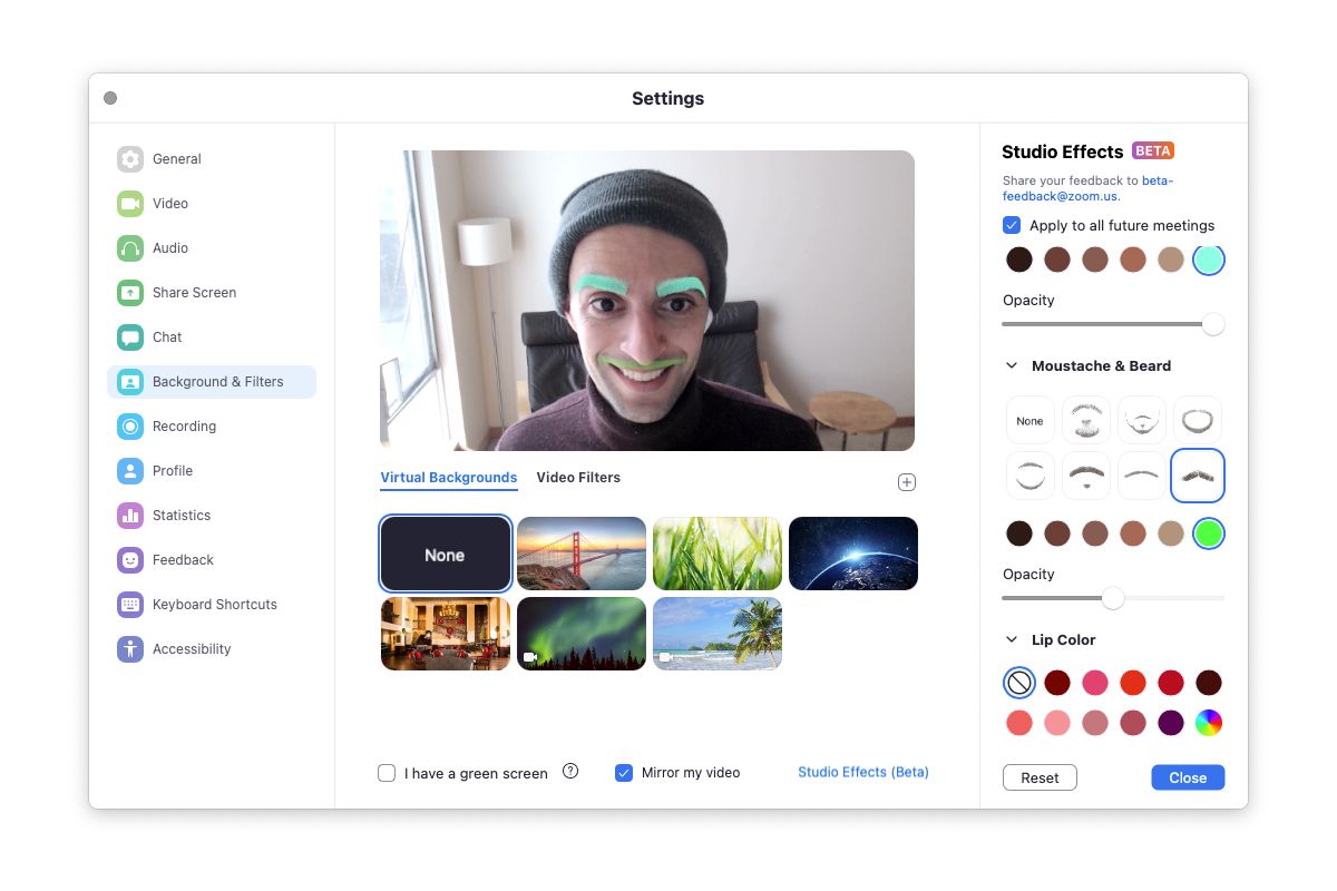 Zoom's new Studio Effects let you customize your lip color, eyebrows