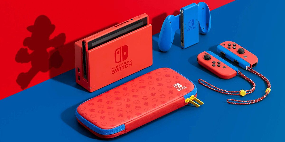 Mario Red and Blue Nintendo Switch on red and blue background with mario in the background