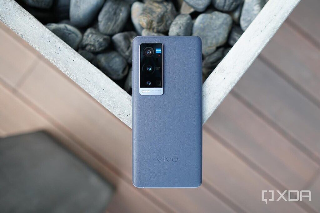 The Vivo X60 Pro Plus with a blue leather back.