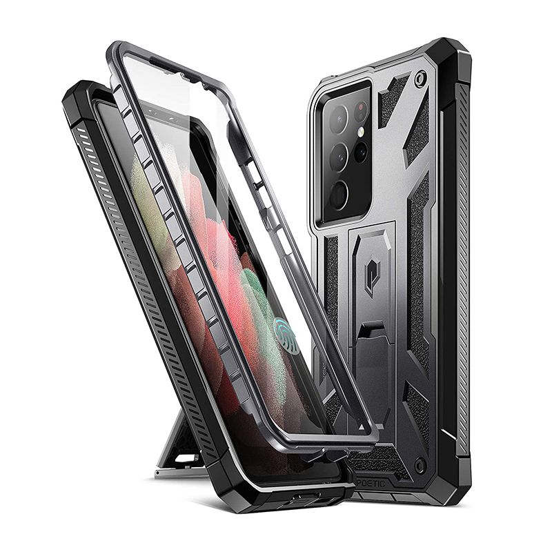 The Poetic Spartan case offers military-grade protection for your Galaxy S21 Ultra. It features a dual-layer design with a rugged back panel that has a premium leather texture and a built-in screen protector that's compatible with the in-display fingerprint scanner. On top of that, it features a kickstand that works in both portrait and horizontal orientations, a precision cutout for the USB Type-C port, and tactile buttons.