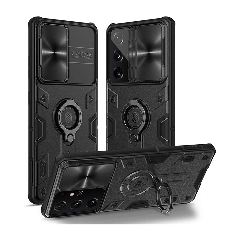 If you're looking for a rugged case that completely covers the camera module when not in use, the Nillkin CamShield Armor is the one for you. The case offers a TPU construction with a 0.2mm raised lip for impact and scratch protection. It features a unique camera shield that you can slide over the camera module to protect it from scratches. Additionally, the case features an anti-slip kickstand that doubles up as a phone grip.