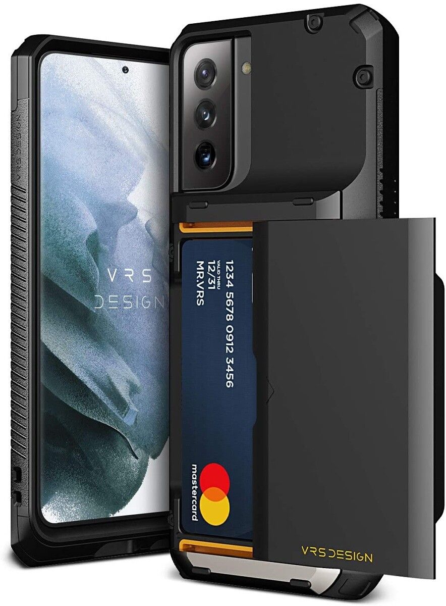 If you don’t want a bulky wallet case, check out this option from Coolden. It’s a sleek Galaxy S21 case with a slide-to-open compartment that can store two credit cards. The case also has a strong TPU design, raised edges for extra protection, and precise cutouts.