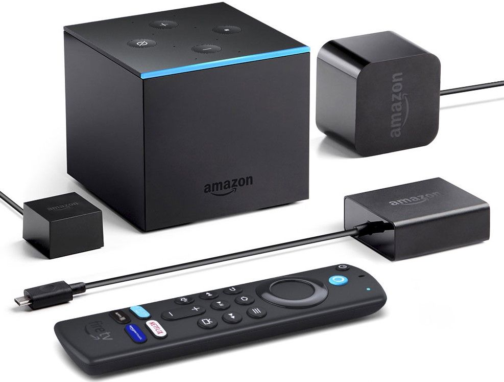 Amazon Fire TV Cube, Alexa voice remote, IR extender cable and power adapter