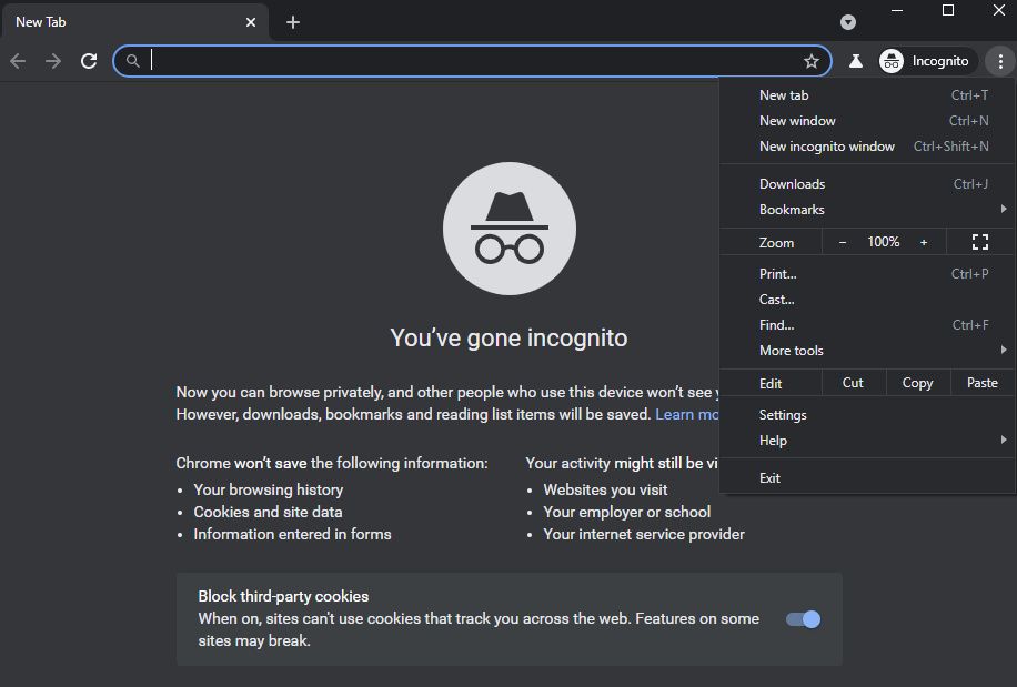 Google chrome Incognito mode dark theme menus