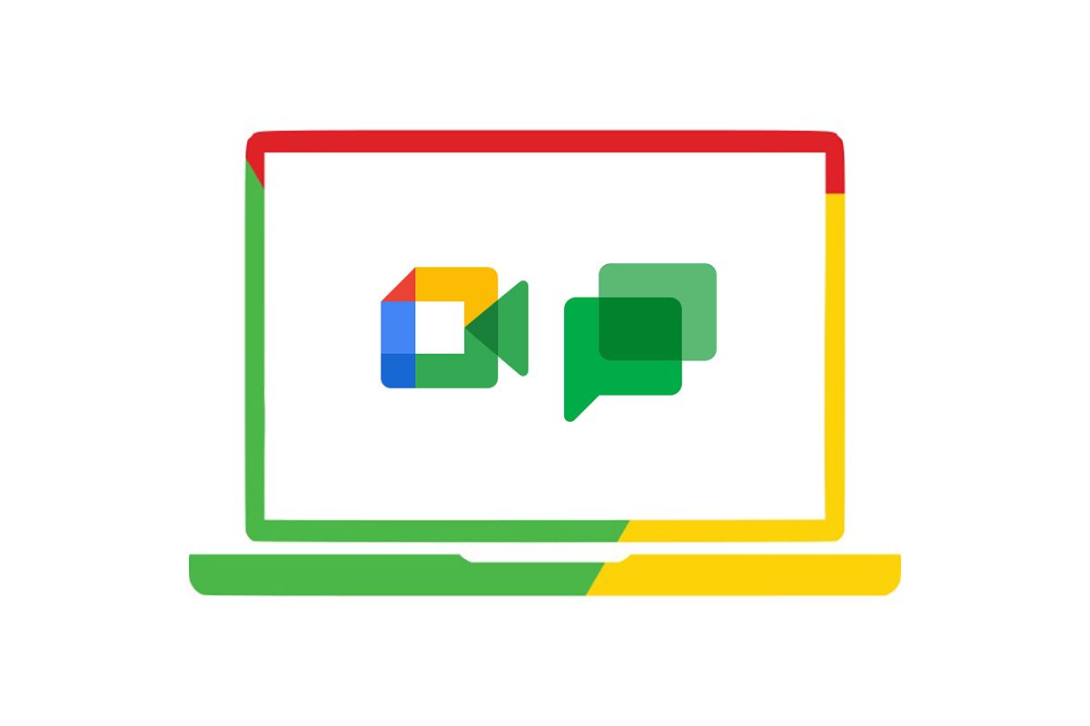 Google Meet and Google Chat logos in a Chromebook line drawing