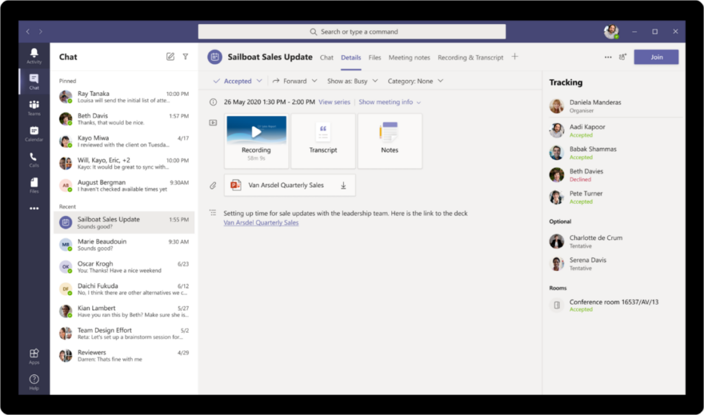 Screenshot of meeting recap feature in Microsoft Teams