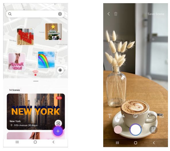 Samsung AR Canvas app's home screen and Scene Editor