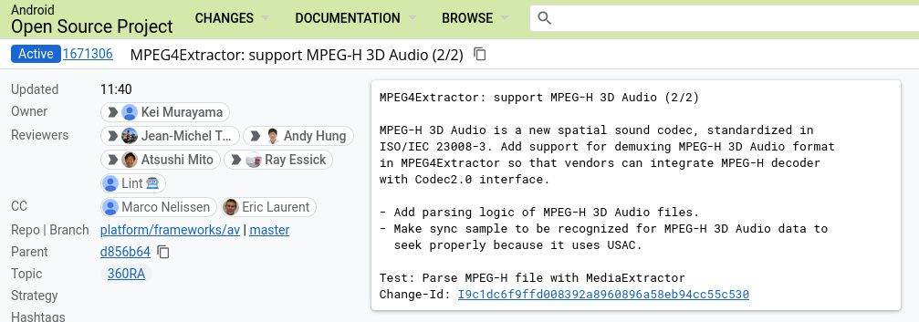 &quot;MPEG4Extractor: support MPEG-H 3D Audio (2/2) MPEG-H 3D Audio is a new spatial sound codec, standardized in ISO/IEC 23008-3. Add support for demuxing MPEG-H 3D Audio format in MPEG4Extractor so that vendors can integrate MPEG-H decoder with Codec2.0 interface. - Add parsing logic of MPEG-H 3D Audio files. - Make sync sample to be recognized for MPEG-H 3D Audio data to seek properly because it uses USAC. Test: Parse MPEG-H file with MediaExtractor Change-Id: I9c1dc6f9ffd008392a8960896a58eb94cc55c530&quot;