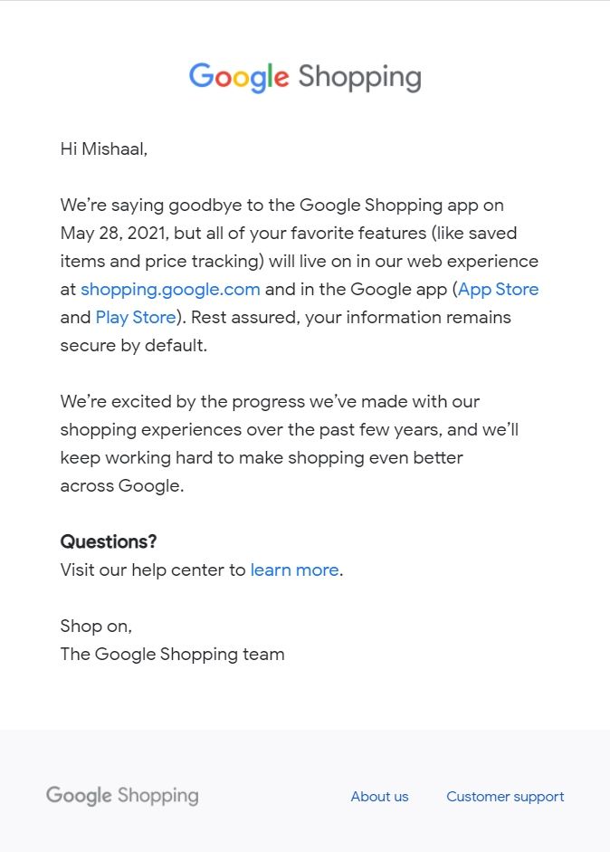 Google Shopping sunset email