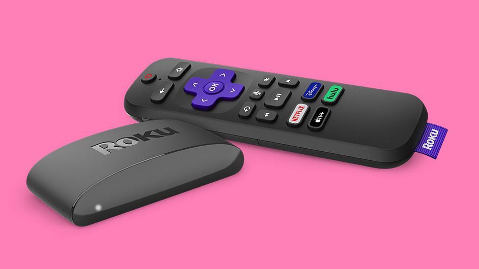 Roku Express 4K+ with HDR10+ on pink background