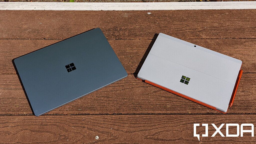 Surface Laptop 4 and Surface Pro 7 closed, top-down view