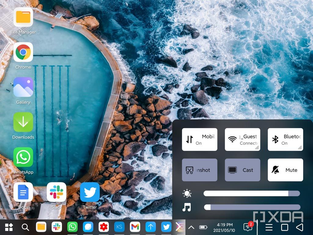 Xiaomi Mi Mix Fold PC Mode desktop layout with the notification shortcut toggle panel. 