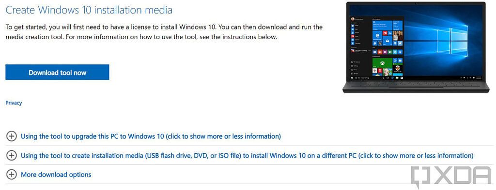 Dialog to download Windows 10 Media Creation Tool