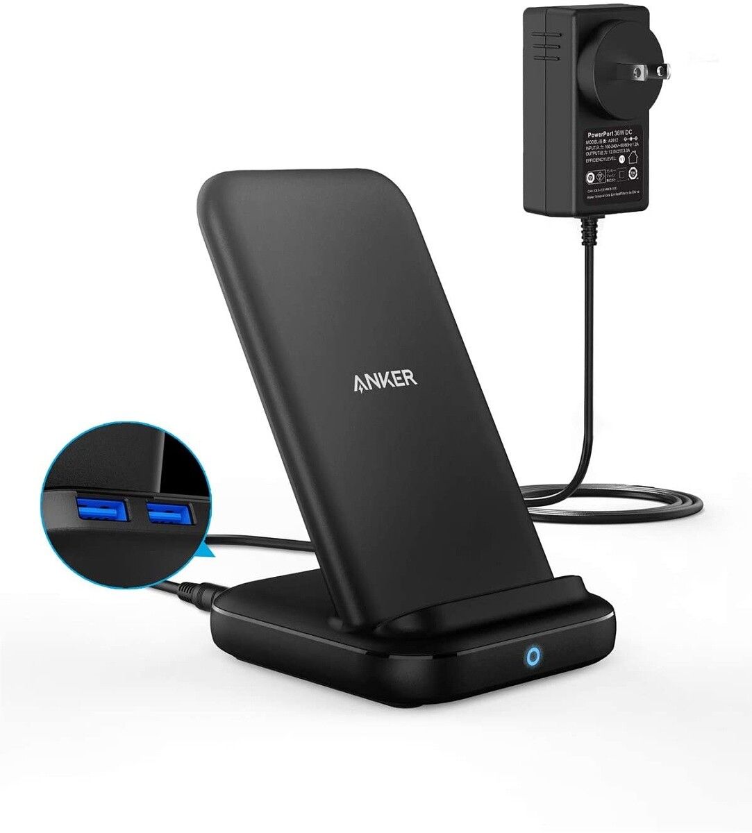 This is a 10W wireless charging stand with two USB Type-A ports on the back for charging other devices.