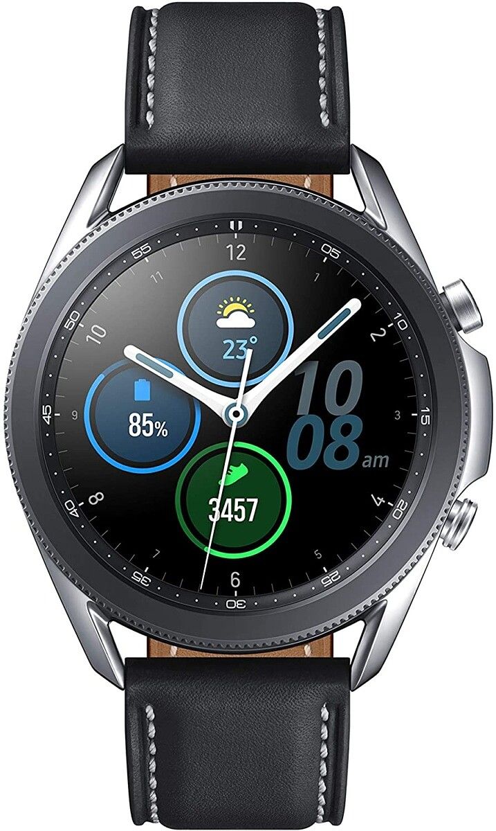 This is the smaller 41mm Galaxy Watch. It has a 1.2-inch screen, a rotating dial, and a whole bunch of sensors.