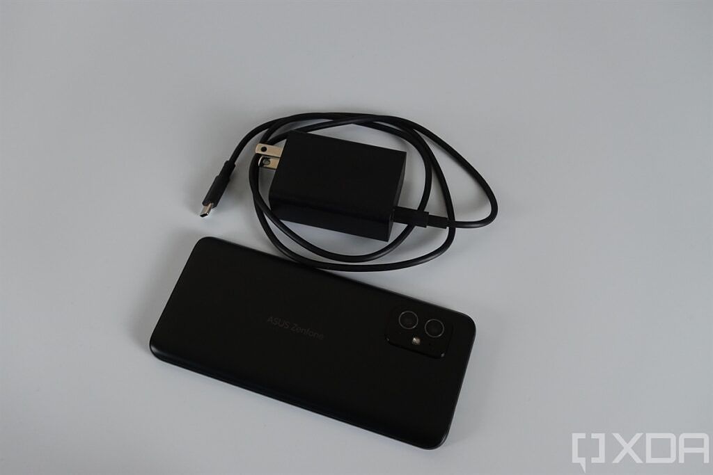 ASUS ZenFone 8 next to HyperCharge 30W adapter and cable