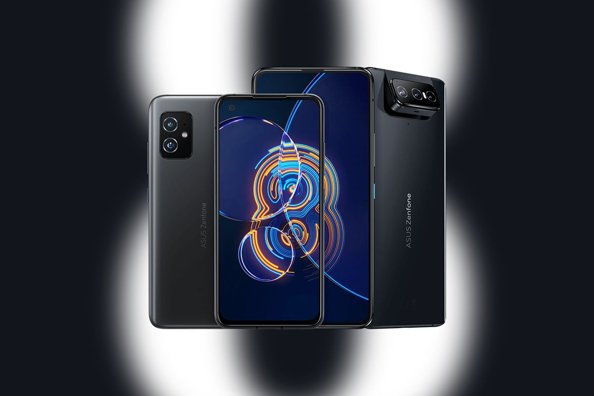 ASUS ZenFone 8 and ZenFone 8 Flip in black on dark gray background with a large white number 8