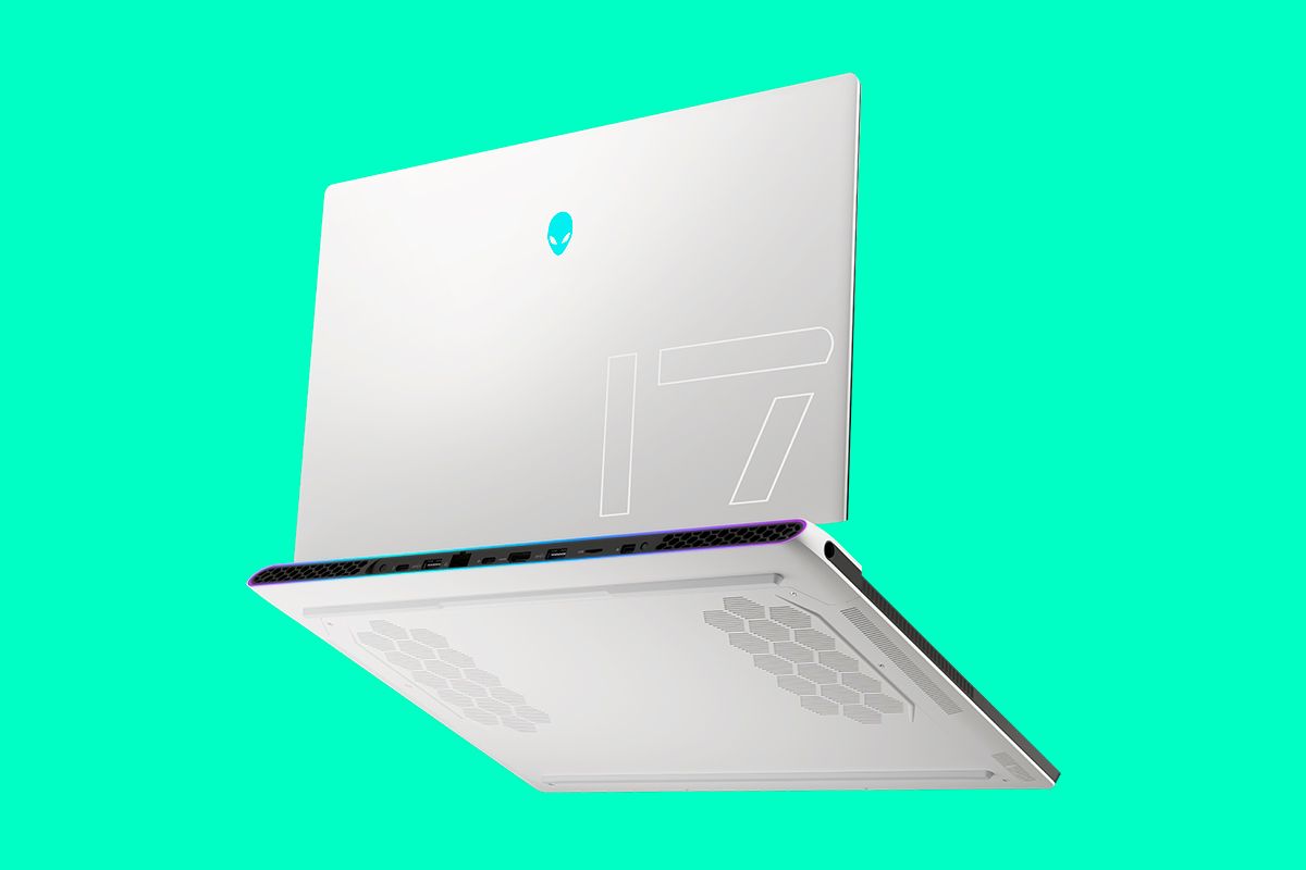 Alienware x17 laptop in white with green background