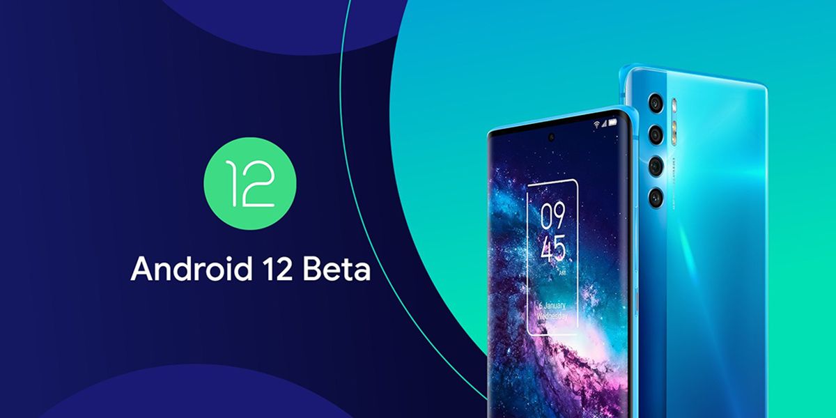 TCL 20 Pro 5G next to Android 12 beta logo on colorful background