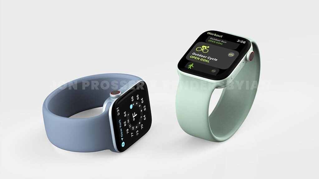 Leaked render of the Apple Watch Series 7 with green and blue straps