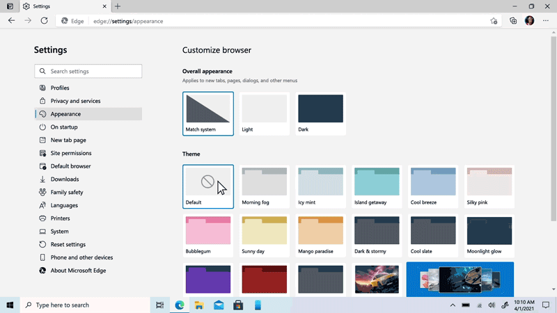Microsoft Edge theme color selection