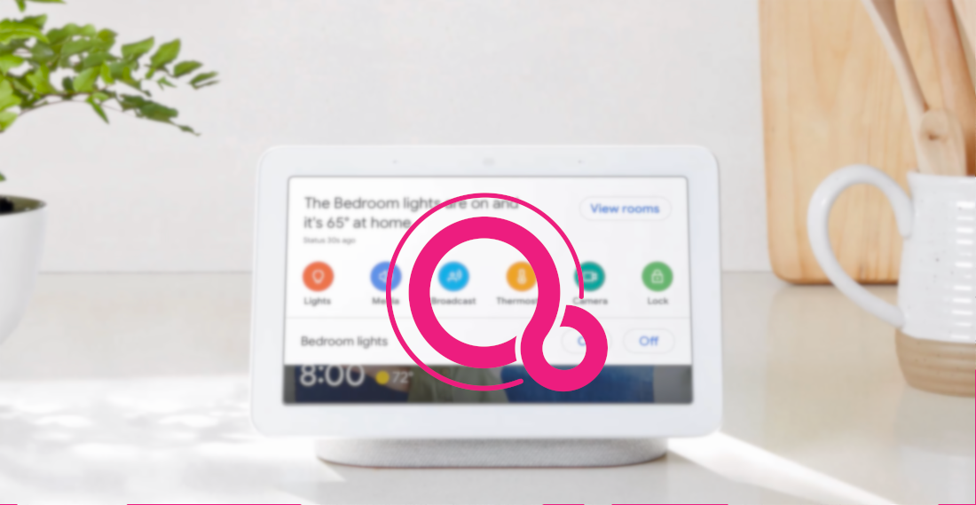 Google Nest Hub with Fuchsia OS logo overlaid on top