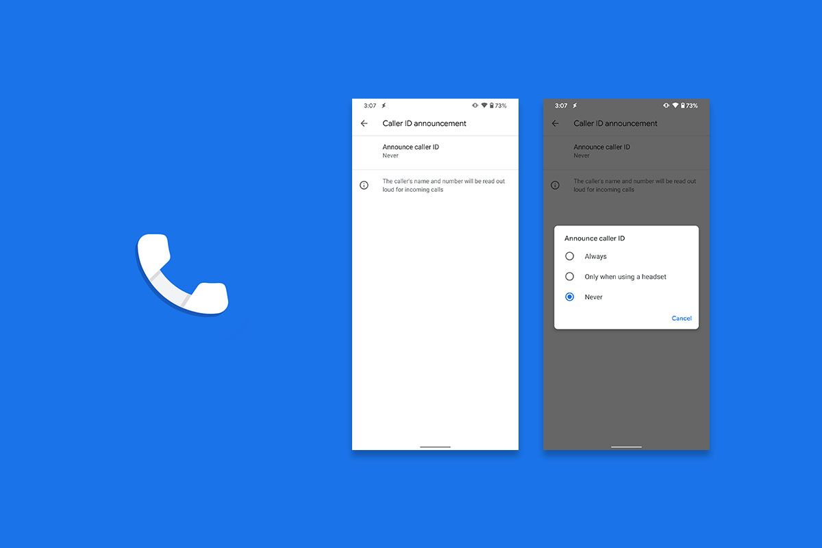 Screenshots showcasing new Caller ID announcement feature in Google Phone app next to app logo