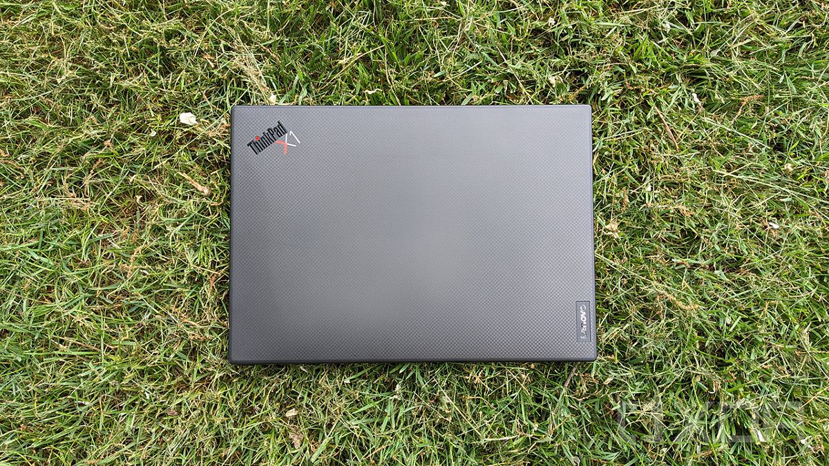 Top down view of Lenovo ThinkPad X1 Nano on grass