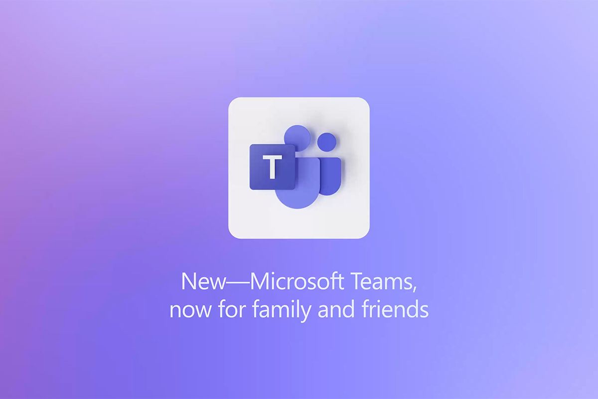 Microsoft Teams now for friends and family text with logo and purple background