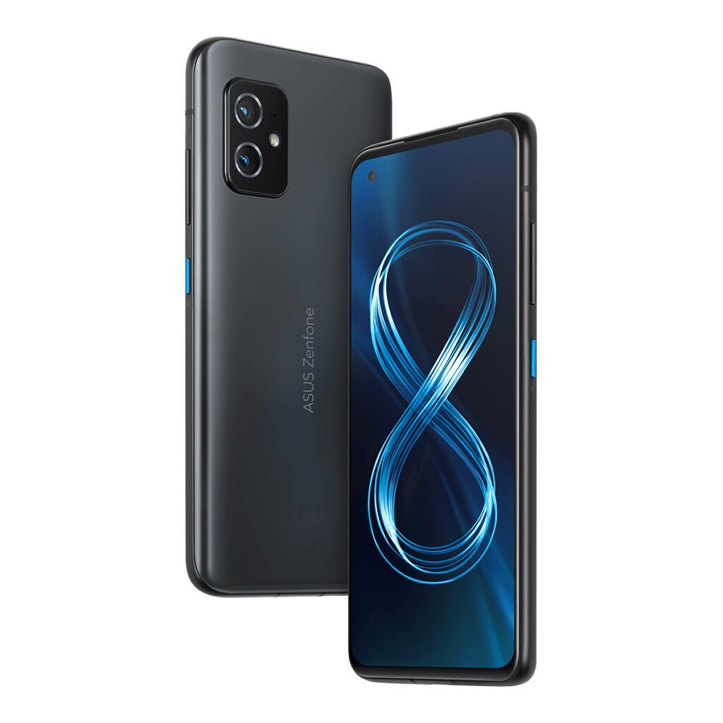 Obsidian Black ZenFone 8 with blue accent on power button and 8 on display