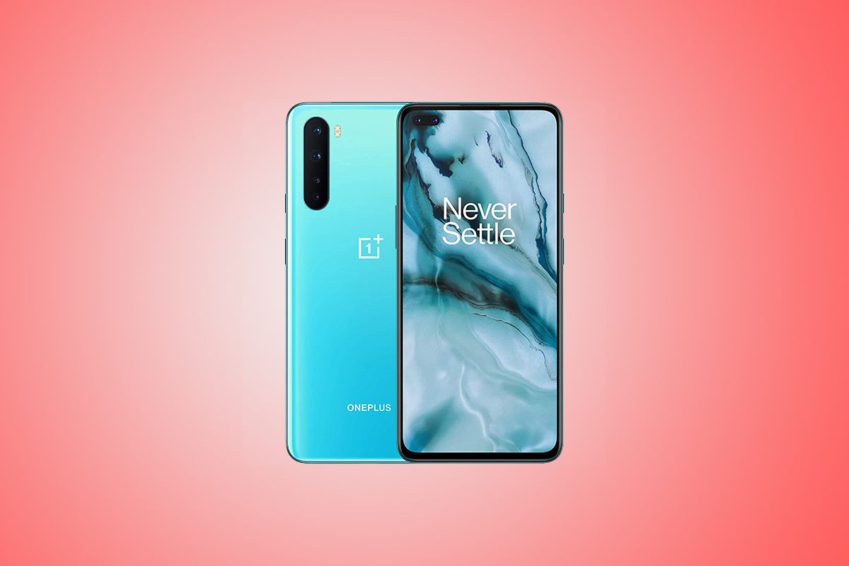 Blue OnePlus Nord on pink background