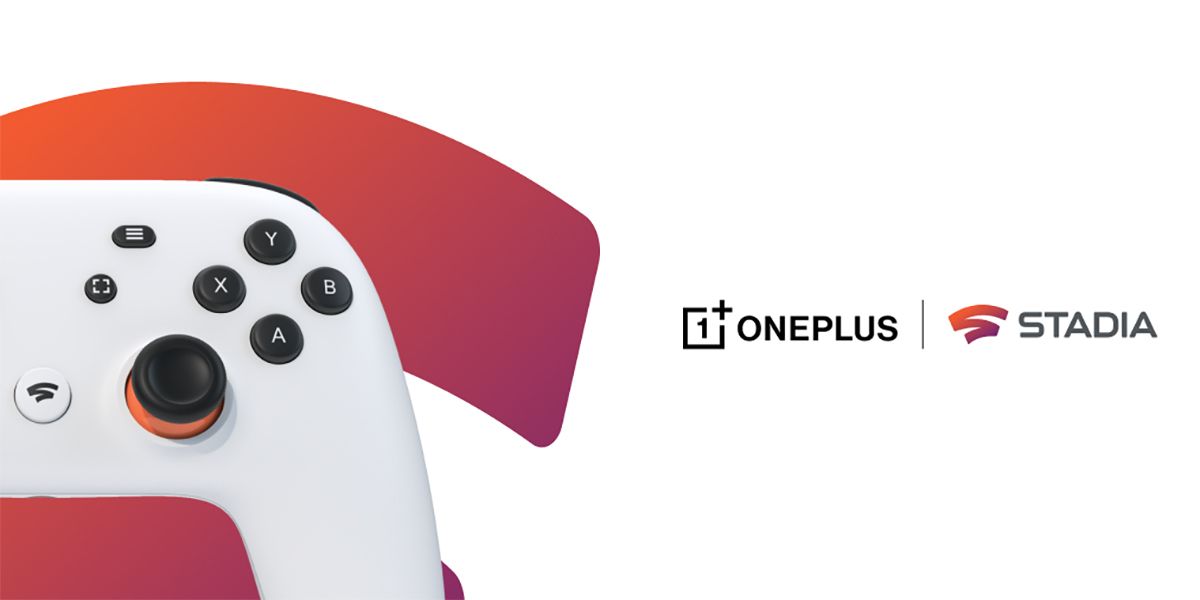 Stadia controller next to OnePlus logo and Stadia logo on white background