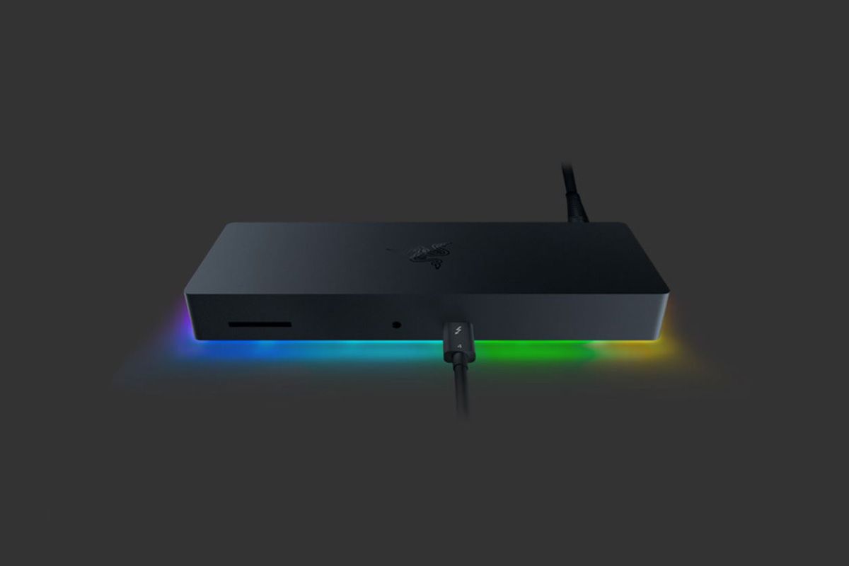 In addition to adding more Thunderbolt ports, USB Type-A, Ethernet, and an SD card reader, this Razer dock lights up with Chroma RGB to give your setup some flair. It can also charge your laptop.