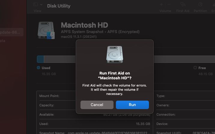 first aid dialog box on Disk Utility on Mac