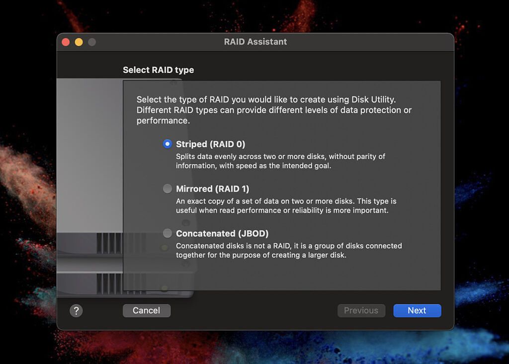 RAID assistant menu within Disk Utility on Mac