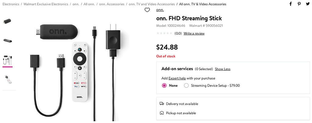 Product listing for Onn stick, showing a price of $24.88
