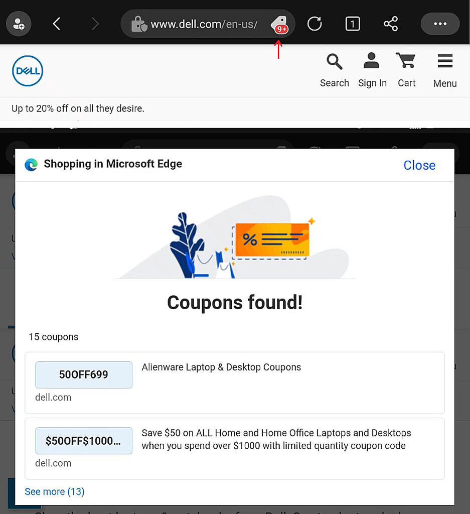 Shopping in Microsoft Edge pop-up showing coupons for Dell.com