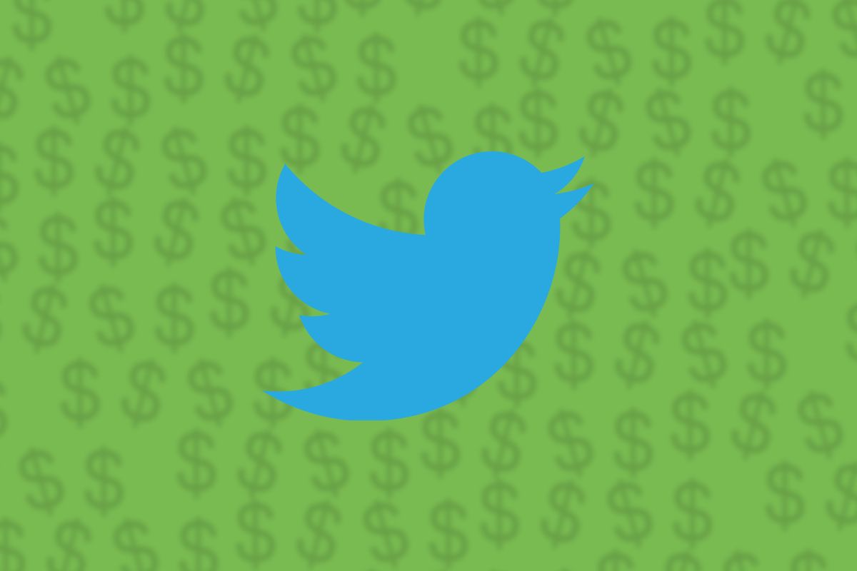 Twitter's blue bird logo on green background with dollar signs
