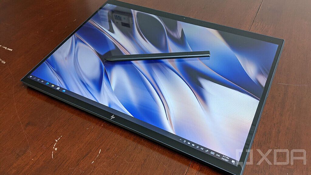 Angled view of the Elite Folio in tablet mode with pen on top