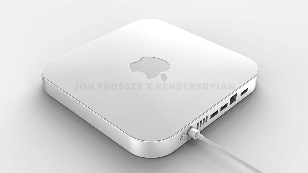 Mac mini angled view showing ports and power cable connected