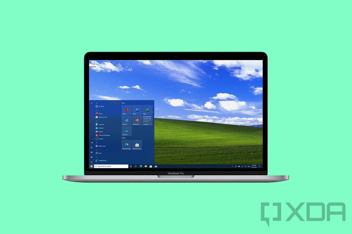 MacBook Pro with Windows 10 and Bliss background
