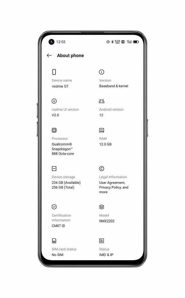 Realme GT Android 12 about phone page